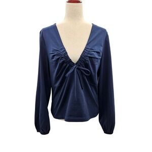 Loft Navy Blue Cinched Tie Front V-Neck Balloon Sleeve Top NWT Large 40205939